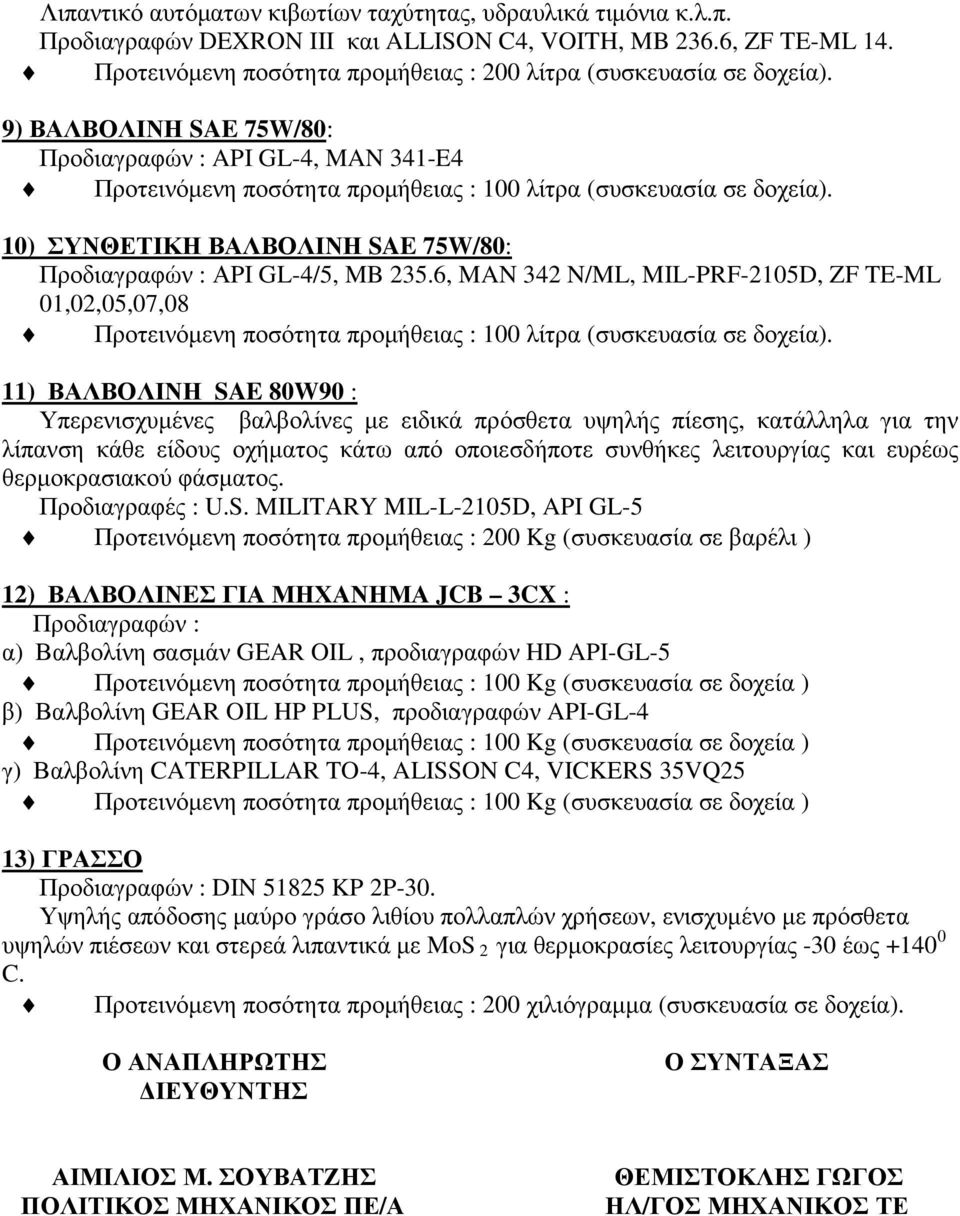 10) ΣΥΝΘΕΤΙΚΗ ΒΑΛΒΟΛΙΝΗ SAE 75W/80: Προδιαγραφών : ΑPI GL-4/5, MB 235.6, MAN 342 N/ML, MIL-PRF-2105D, ZF TE-ML 01,02,05,07,08 Προτεινόµενη ποσότητα προµήθειας : 100 λίτρα (συσκευασία σε δοχεία).