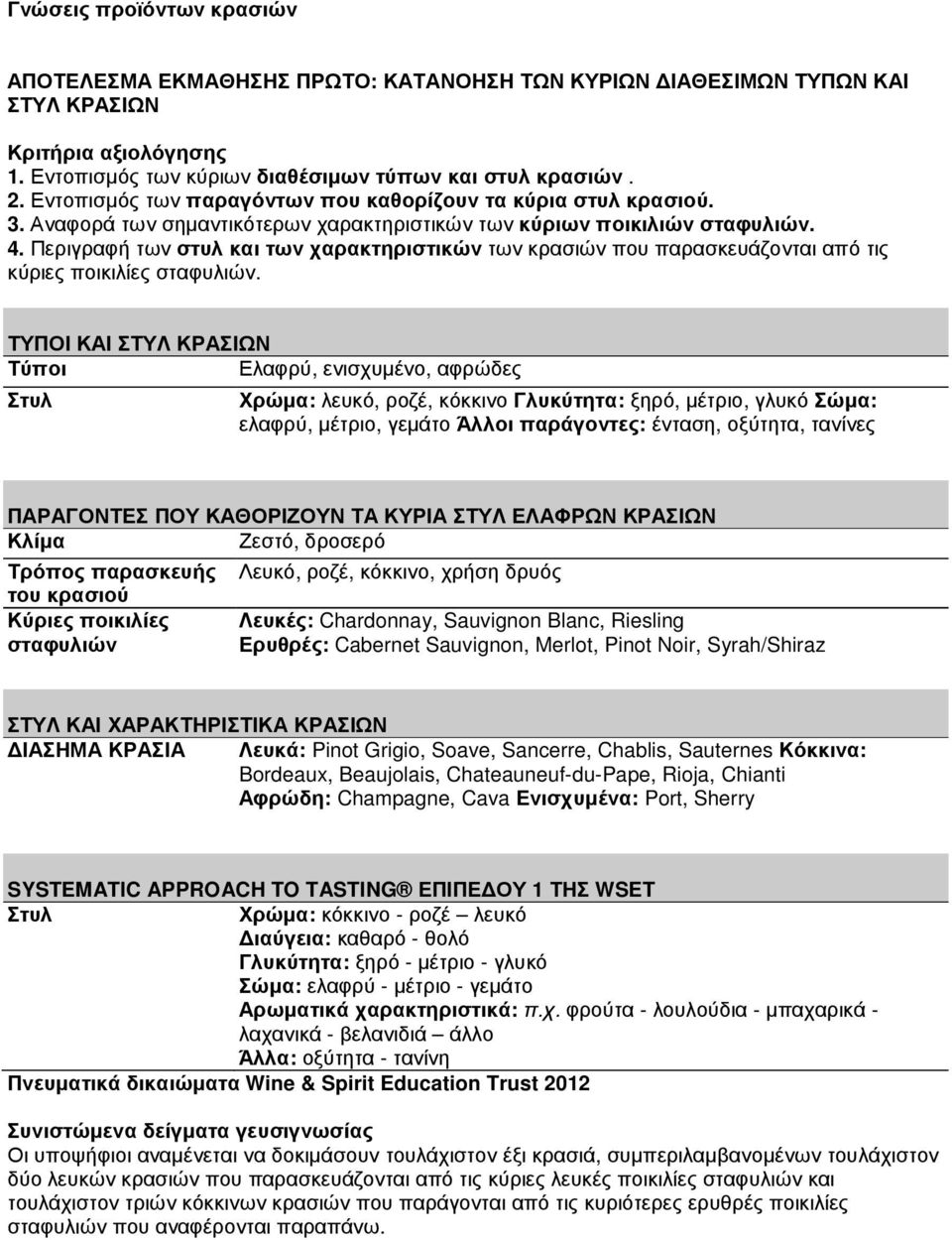 Περιγραφή των στυλ και των χαρακτηριστικών των κρασιών που παρασκευάζονται από τις κύριες ποικιλίες σταφυλιών.