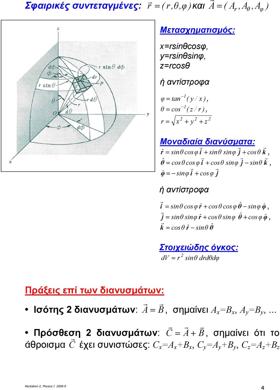 sinφˆ cosθ sinφ θˆ cos φφˆ k cosθˆ sinθθˆ Στοιχιώδης όγκος: dv sinθ ddθdφ θ φ,, Πράξις πί των διανυσµάτων: Ισότης διανυσµάτων:,