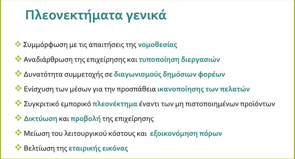 προσπάθεια ικανοποίησης των πελατών Συγκριτικό εμπορικό πλεονέκτημα έναντι των μη πιστοποιημένων προϊόντων