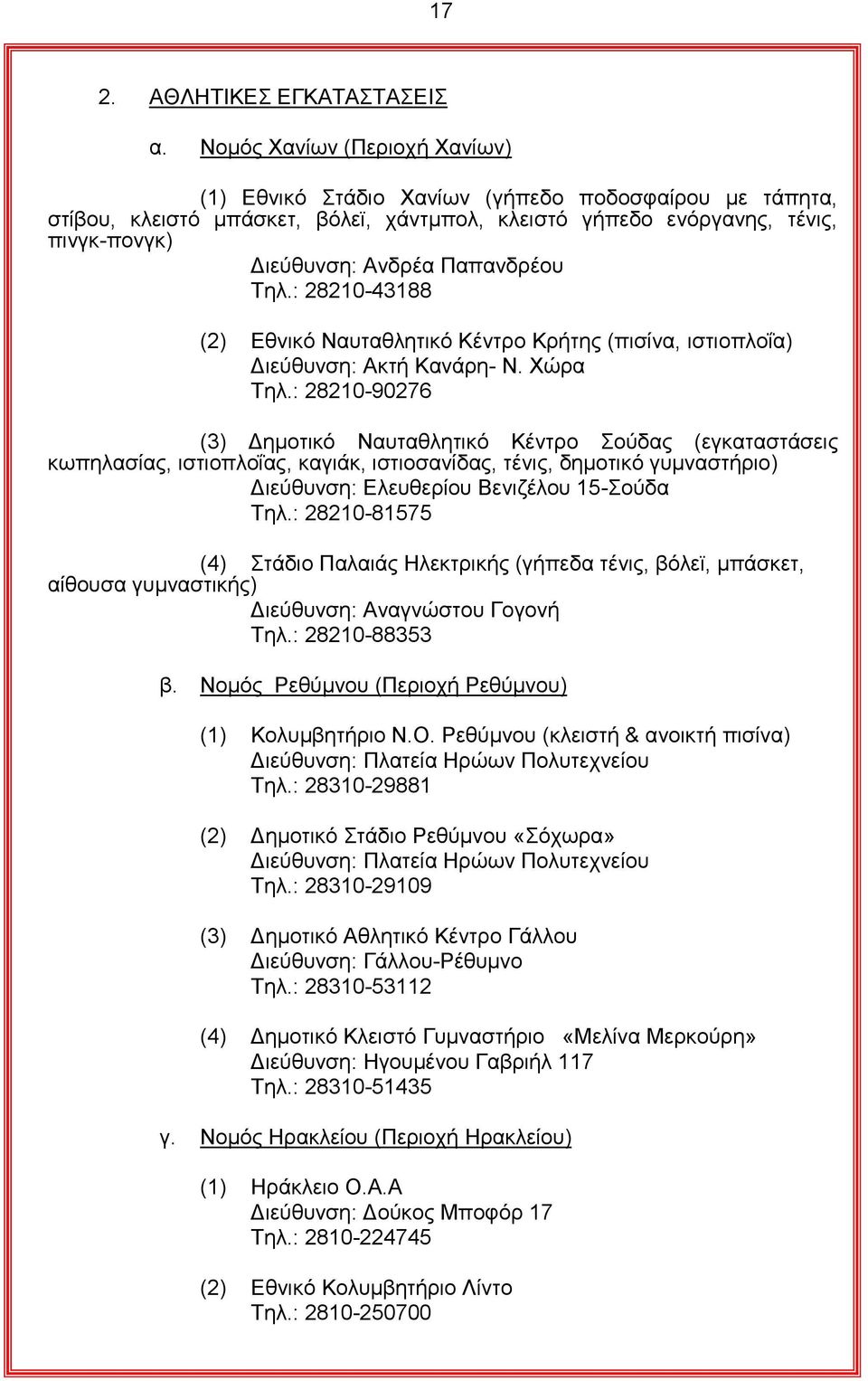 Παπαλδξένπ Σει.: 28210-43188 (2) Δζληθό Ναπηαζιεηηθό Κέληξν Κξήηεο (πηζίλα, ηζηηνπινΐα) Γηεύζπλζε: Αθηή Καλάξε- Ν. Υώξα Σει.