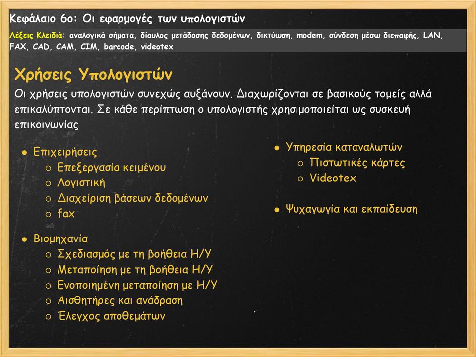 Διαχείριση βάσεων δεδομένων fax Υπηρεσία καταναλωτών Πιστωτικές κάρτες Videotex Ψυχαγωγία και εκπαίδευση Βιομηχανία