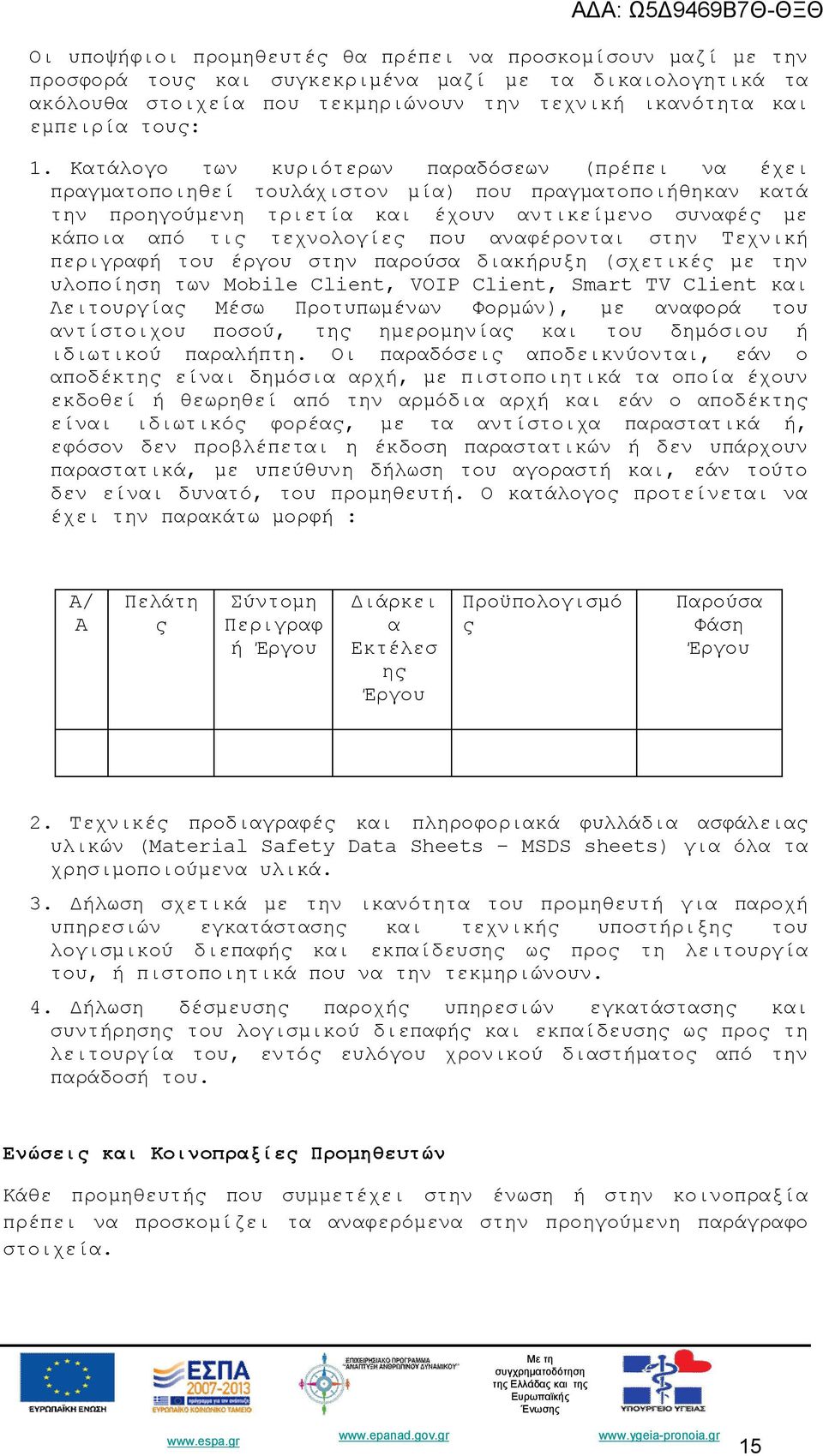 που αναφέρονται στην Τεχνική περιγραφή του έργου στην παρούσα διακήρυξη (σχετικές με την υλοποίηση των Mobile Client, VOIP Client, Smart TV Client και Λειτουργίας Μέσω Προτυπωμένων Φορμών), με