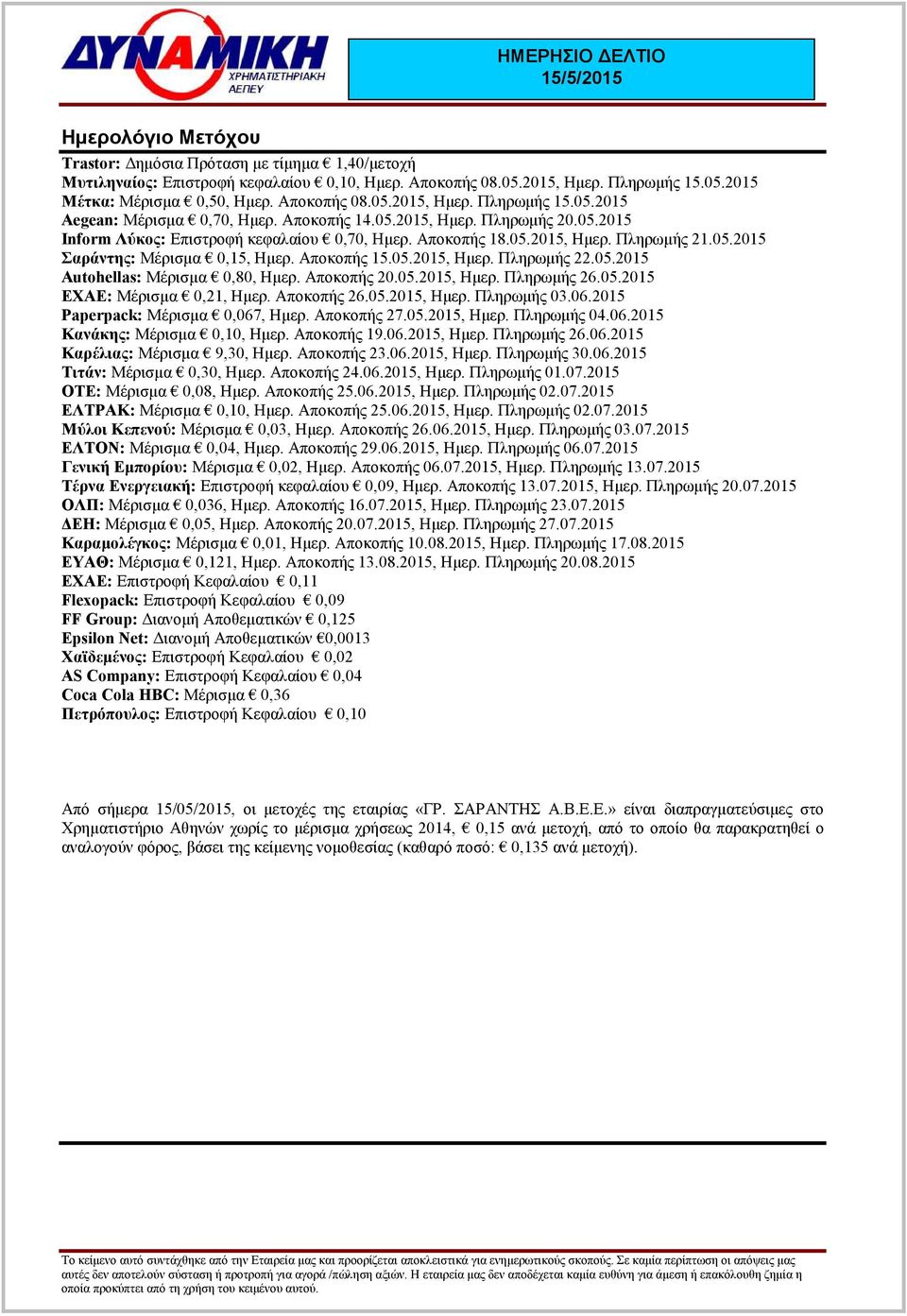 05.2015 Autohellas: Μέρισµα 0,80, Ηµερ. Αποκοπής 20.05.2015, Ηµερ. Πληρωµής 26.05.2015 ΕΧΑΕ: Μέρισµα 0,21, Ηµερ. Αποκοπής 26.05.2015, Ηµερ. Πληρωµής 03.06.2015 Paperpack: Μέρισµα 0,067, Ηµερ.