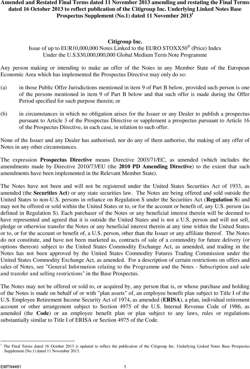 pplement (No.1) dated 11 November 2013 1 Citigroup Inc. Issue of up to EUR10,000,000 Notes Linked to the EURO ST