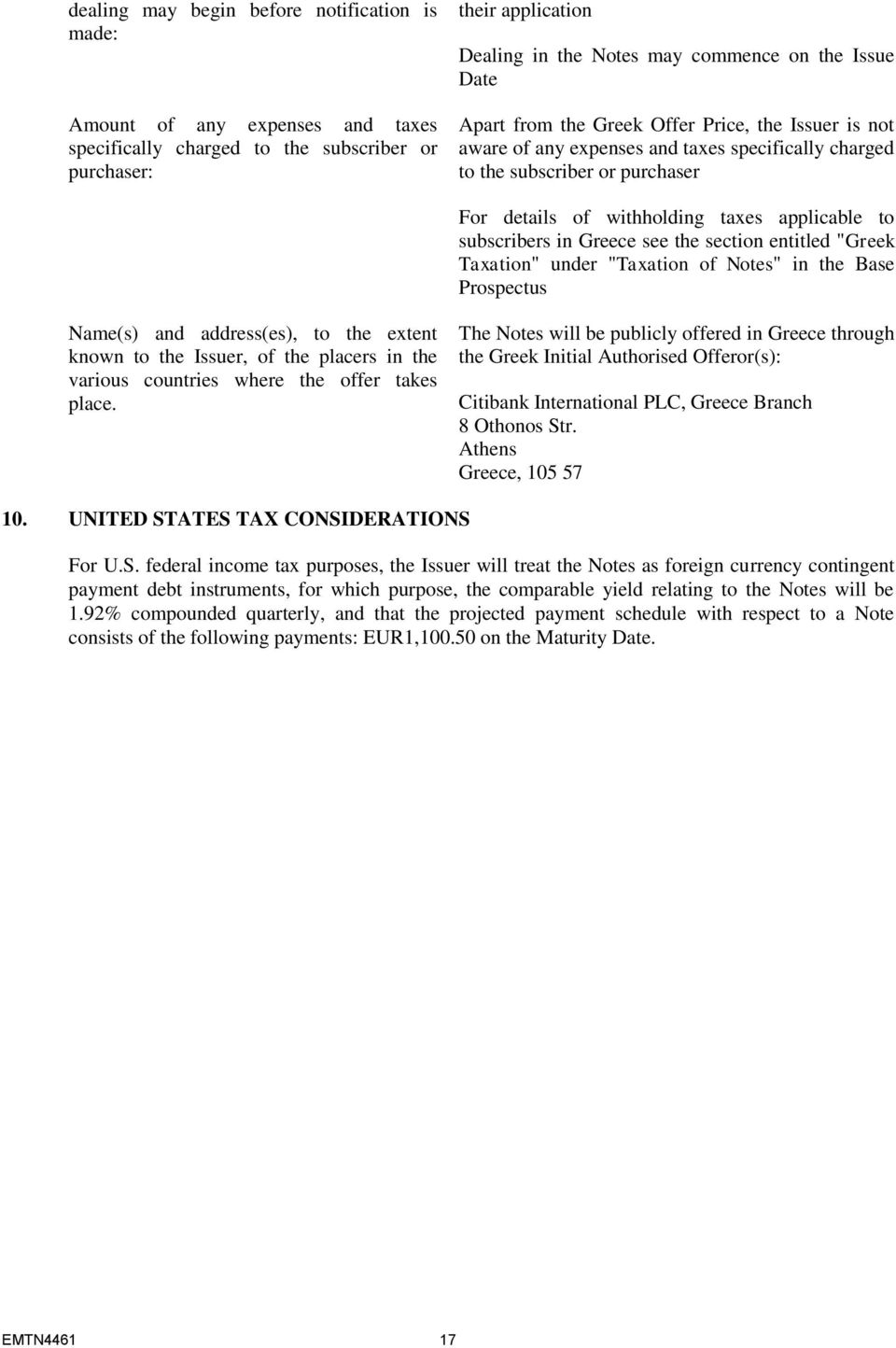 in Greece see the section entitled "Greek Taxation" under "Taxation of Notes" in the Base Prospectus Name(s) and address(es), to the extent known to the Issuer, of the placers in the various