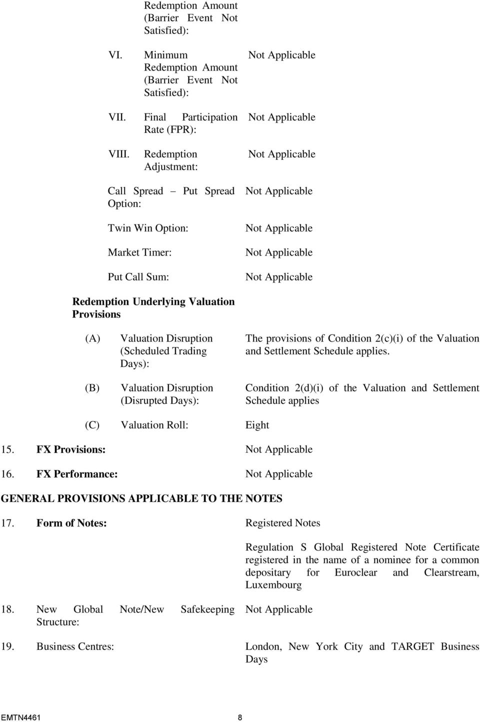 Valuation Disruption (Disrupted Days): The provisions of Condition 2(c)(i) of the Valuation and Settlement Schedule applies.