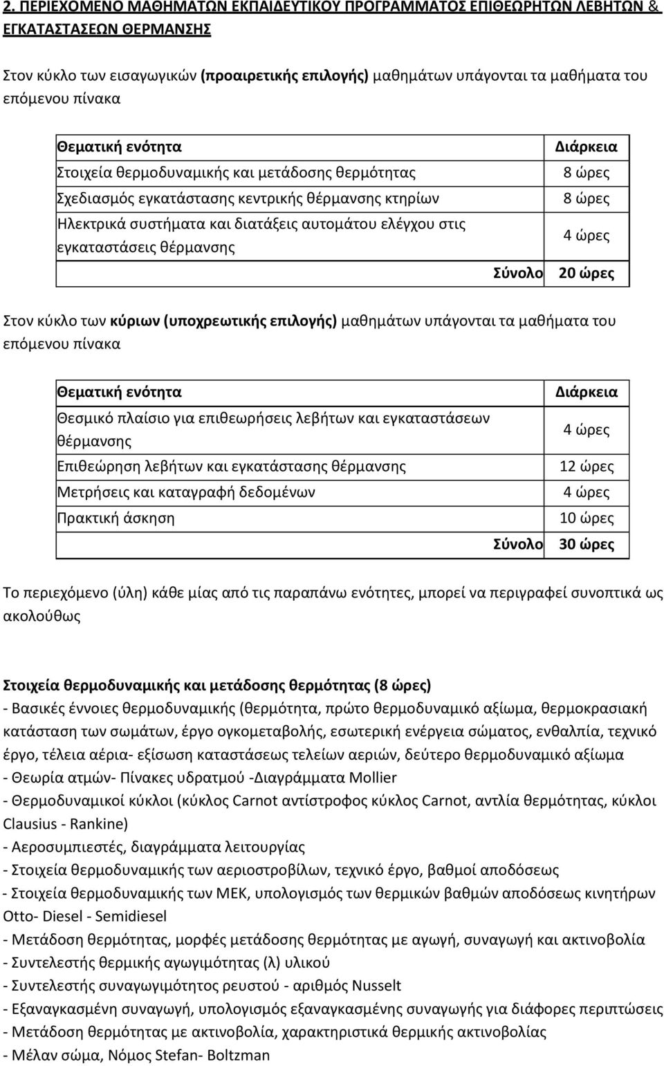 κφριων (υποχρεωτικήσ επιλογήσ) μακθμάτων υπάγονται τα μακιματα του Θεςμικό πλαίςιο για επικεωριςεισ λεβιτων και εγκαταςτάςεων κζρμανςθσ Επικεϊρθςθ λεβιτων και εγκατάςταςθσ κζρμανςθσ Μετριςεισ και