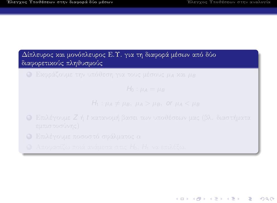 Εκφράζουμετηνυπόθεσηγιατουςμέσους µ A και µ B H 0 : µ A = µ B H 1 : µ A µ B, µ