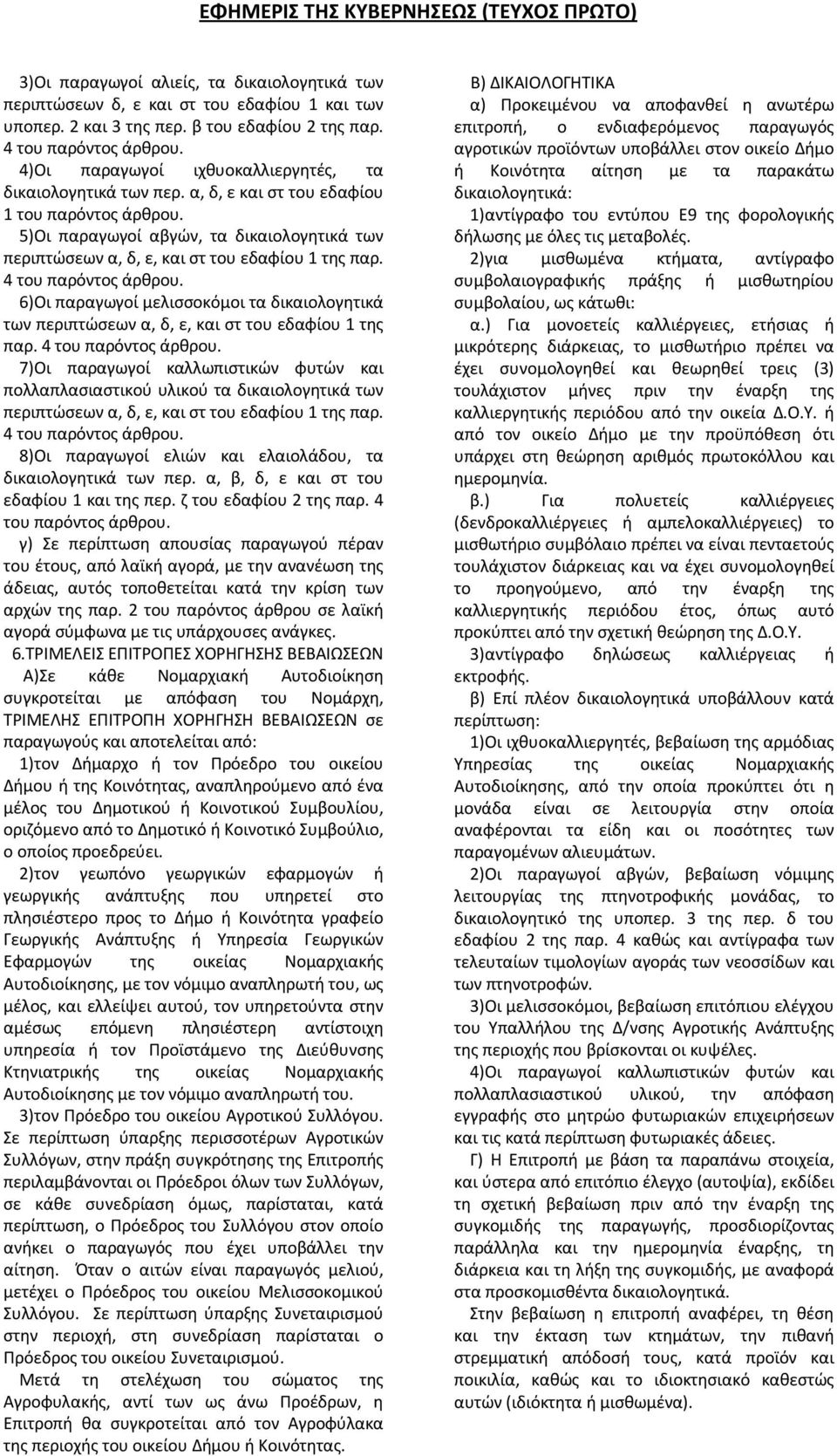 5)Οι παραγωγοί αβγών, τα δικαιολογητικά των περιπτώσεων α, δ, ε, και στ του εδαφίου 1 της παρ. 6)Οι παραγωγοί μελισσοκόμοι τα δικαιολογητικά των περιπτώσεων α, δ, ε, και στ του εδαφίου 1 της παρ.