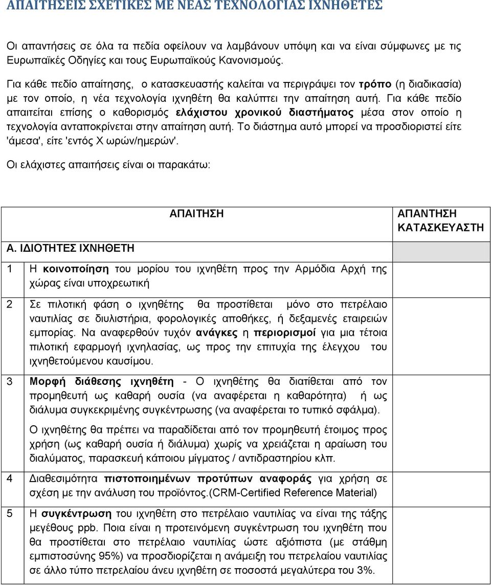 Για κάθε πεδίο απαιτείται επίσης ο καθορισμός ελάχιστου χρονικού διαστήματος μέσα στον οποίο η τεχνολογία ανταποκρίνεται στην απαίτηση αυτή.