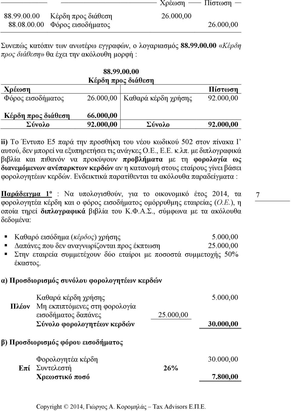 000,00 Σύνολο 92.000,00 ii) Το Έντυπο Ε5 παρά την προσθήκη του νέου κωδικού 502 στον πίνακα Ι αυτού, δεν µπορεί να εξυπηρετήσει τις ανάγκες Ο.Ε., Ε.Ε. κ.λπ.