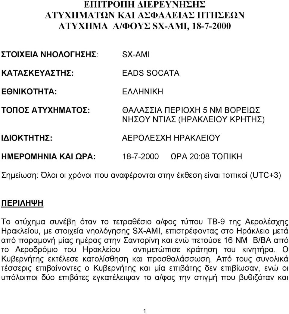 (UTC+3) ΠΕΡΙΛΗΨΗ Το ατύχηµα συνέβη όταν το τετραθέσιο α/φος τύπου ΤΒ-9 της Αερολέσχης Ηρακλείου, µε στοιχεία νηολόγησης SX-AMI, επιστρέφοντας στο Ηράκλειο µετά από παραµονή µίας ηµέρας στην Σαντορίνη