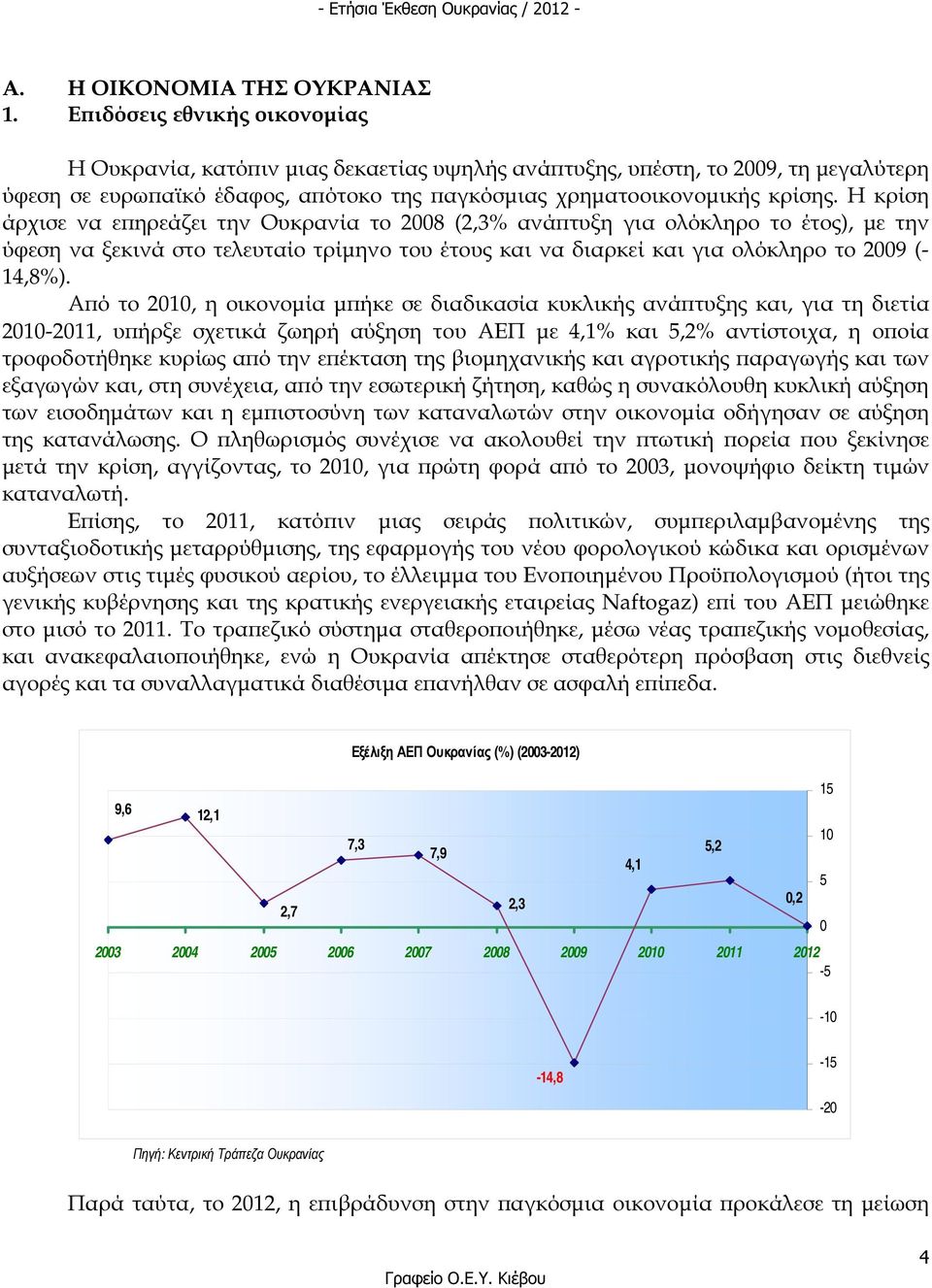 Η κρίση άρχισε να ε ηρεάζει την Ουκρανία το 2008 (2,3% ανά τυξη για ολόκληρο το έτος), µε την ύφεση να ξεκινά στο τελευταίο τρίµηνο του έτους και να διαρκεί και για ολόκληρο το 2009 (- 14,8%).