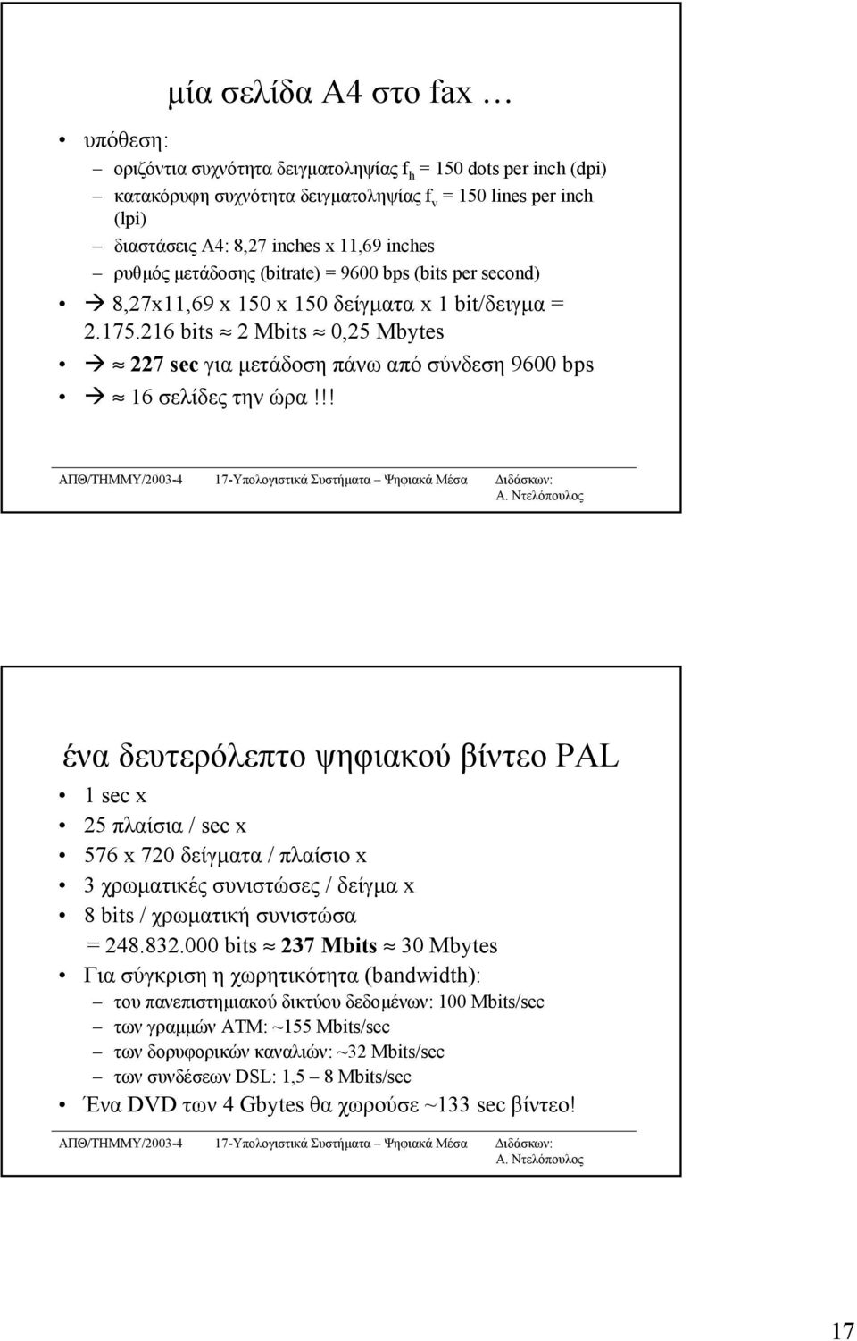 216 bits 2 Mbits 0,25 Mbytes 227 sec για µετάδοση πάνω από σύνδεση 9600 bps 16 σελίδες την ώρα!