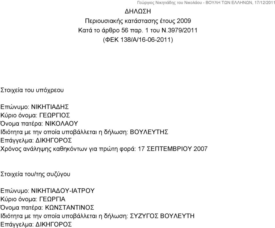 Ιδιότητα με την οποία υποβάλλεται η δήλωση: ΒΟΥΛΕΥΤΗΣ Επάγγελμα: ΔΙΚΗΓΟΡΟΣ Χρόνος ανάληψης καθηκόντων για πρώτη φορά: 17