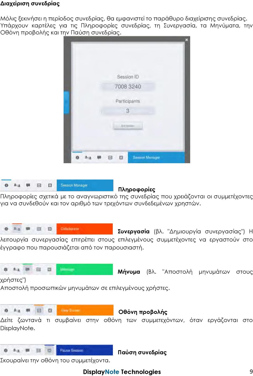 Πληροφορίες Πληροφορίες σχετικά με το αναγνωριστικό της συνεδρίας που χρειάζονται οι συμμετέχοντες για να συνδεθούν και τον αριθμό των τρεχόντων συνδεδεμένων χρηστών. Συνεργασία (βλ.