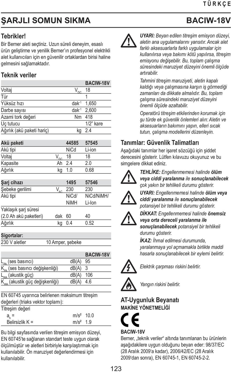 Teknik veriler BACIW-18V Voltaj V DC 18 Tür 1 Yüksüz hızı dak -1 1,650 Darbe sayısı dak -1 2,600 Azami tork değeri Nm 418 Uç tutucu 1/2 kare Ağırlık (akü paketi hariç) kg 2.
