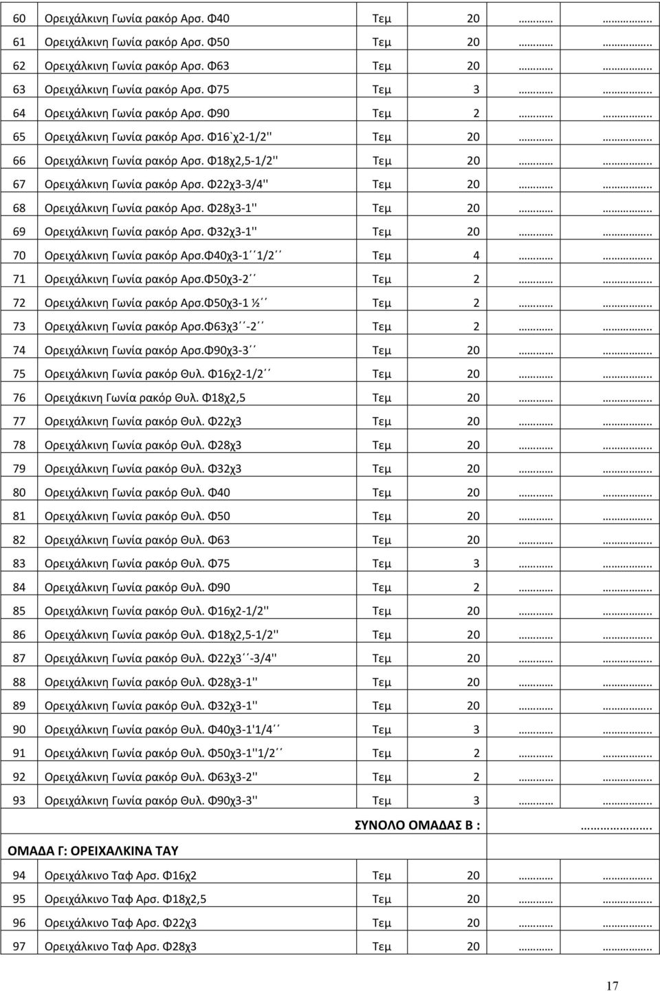 Φ22χ3-3/4'' Τεμ 20.. 68 Ορειχάλκινη Γωνία ρακόρ Αρσ. Φ28χ3-1'' Τεμ 20.. 69 Ορειχάλκινη Γωνία ρακόρ Αρσ. Φ32χ3-1'' Τεμ 20.. 70 Ορειχάλκινη Γωνία ρακόρ Αρσ.Φ40χ3-1 1/2 Τεμ 4.