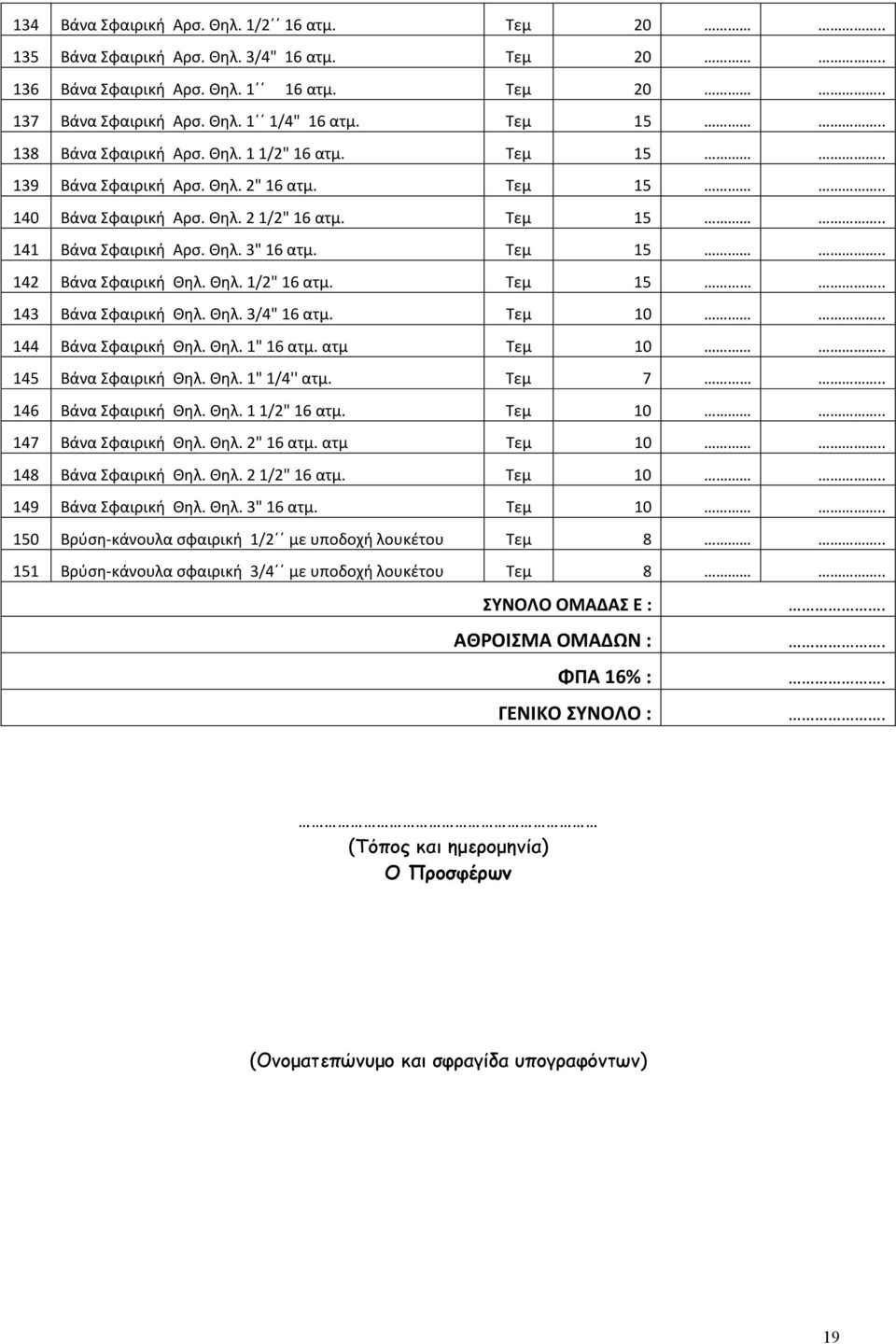 Θηλ. 1/2" 16 ατμ. Τεμ 15.. 143 Βάνα Σφαιρική Θηλ. Θηλ. 3/4" 16 ατμ. Τεμ 10.. 144 Βάνα Σφαιρική Θηλ. Θηλ. 1" 16 ατμ. ατμ Τεμ 10.. 145 Βάνα Σφαιρική Θηλ. Θηλ. 1" 1/4'' ατμ. Τεμ 7.. 146 Βάνα Σφαιρική Θηλ.