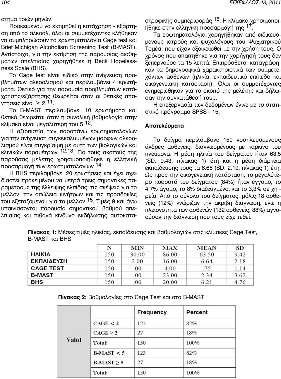 Αντίστοιχα, για την εκτίμηση της παρουσίας αισθημάτων απελπισίας χορηγήθηκε η Beck Hopelessness Scale (BHS).
