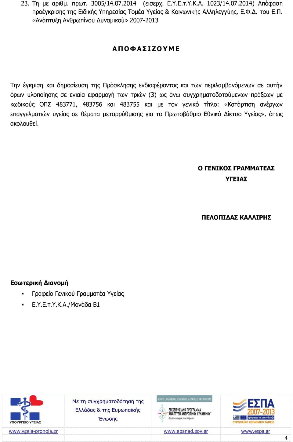 εφαρμογή των τριών (3) ως άνω συγχρηματοδοτούμενων πράξεων με κωδικούς ΟΠΣ 483771, 483756 και 483755 και με τον γενικό τίτλο: «Κατάρτιση ανέργων επαγγελματιών υγείας σε θέματα