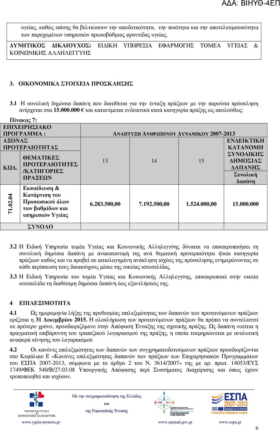 1 Η συνολική δηµόσια δαπάνη που διατίθεται για την ένταξη πράξεων µε την παρούσα πρόσκληση ανέρχεται στα 15.000.