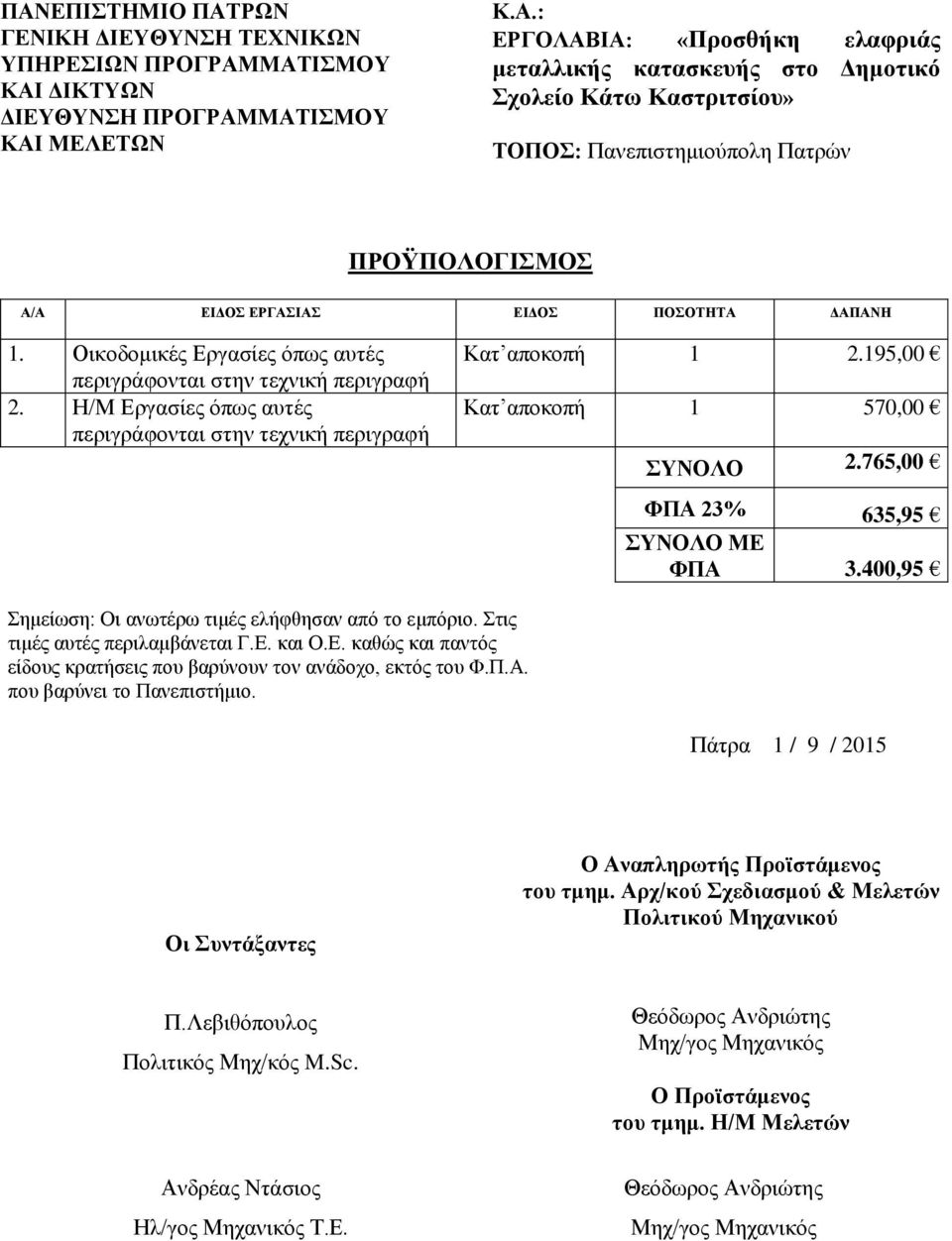 765,00 ΦΠΑ 23% 635,95 ΣΥΝΟΛΟ ΜΕ ΦΠΑ 3.400,95 Σημείωση: Οι ανωτέρω τιμές ελήφθησαν από το εμπόριο. Στις τιμές αυτές περιλαμβάνεται Γ.Ε. και Ο.Ε. καθώς και παντός είδους κρατήσεις που βαρύνουν τον ανάδοχο, εκτός του Φ.