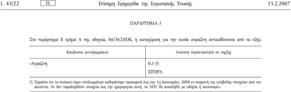 2007 ΠΑΡΑΡΤΗΜΑ I Στο παράρτημα ΙΙ τμήμα Α της οδηγίας 86/362/ΕΟΚ, η καταχώριση για την ουσία ατραζίνη αντικαθίσταται από τα