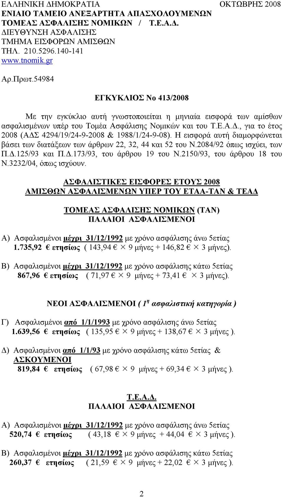 , για το έτος 2008 (ΑΔΣ 4294/19/24-9-2008 & 1988/1/24-9-08). Η εισφορά αυτή διαμορφώνεται βάσει των διατάξεων των άρθρων 22, 32, 44 και 52 του Ν.2084/92 όπως ισχύει, των Π.Δ.125/93 και Π.Δ.173/93, του άρθρου 19 του Ν.