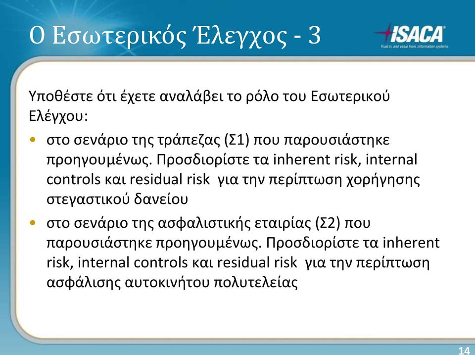 Προσδιορίστε τα inherent risk, internal controls και residual risk για την περίπτωση χορήγησης στεγαστικού δανείου