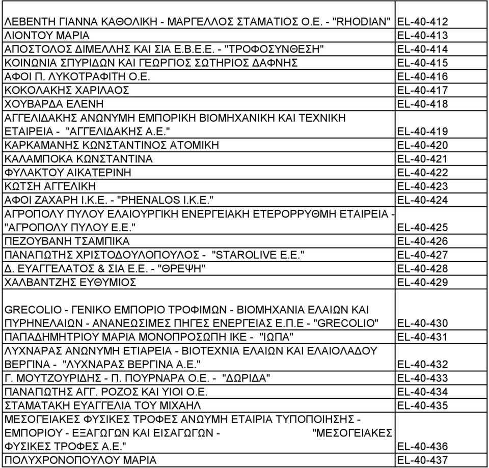 Κ.Δ. - "PHENALOS Η.Κ.Δ." EL-40-424 ΑΓΡΟΠΟΛΤ ΠΤΛΟΤ ΔΛΑΗΟΤΡΓΗΚΖ ΔΝΔΡΓΔΗΑΚΖ ΔΣΔΡΟΡΡΤΘΜΖ ΔΣΑΗΡΔΗΑ - "ΑΓΡΟΠΟΛΤ ΠΤΛΟΤ Δ.Δ." EL-40-425 ΠΔΕΟΤΒΑΝΖ ΣΑΜΠΗΚΑ EL-40-426 ΠΑΝΑΓΗΧΣΖ ΥΡΗΣΟΓΟΤΛΟΠΟΤΛΟ - "STAROLIVE Δ.Δ." EL-40-427 Γ.