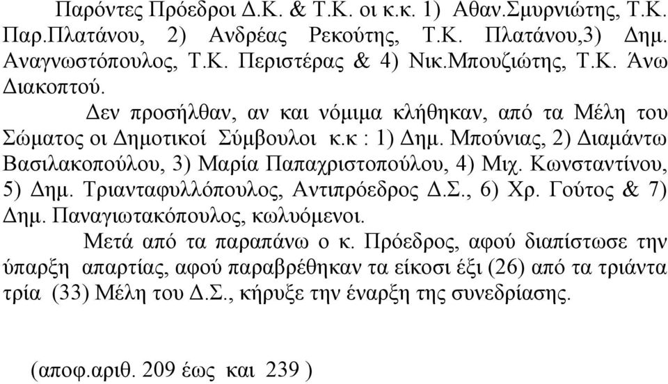 Μπούνιας, 2) Διαμάντω Βασιλακοπούλου, 3) Μαρία Παπαχριστοπούλου, 4) Μιχ. Κωνσταντίνου, 5) Δημ. Τριανταφυλλόπουλος, Αντιπρόεδρος Δ.Σ., 6) Χρ. Γούτος & 7) Δημ.