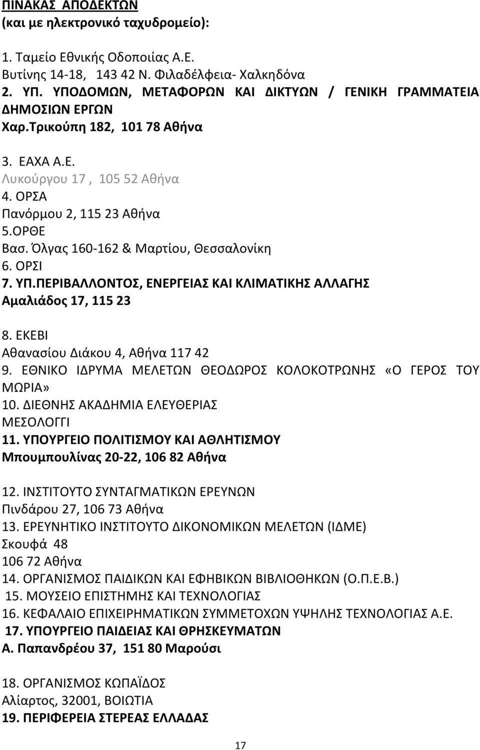 Όλγας 160-162 & Μαρτίου, Θεσσαλονίκη 6. ΟΡΣΙ 7. ΥΠ.ΠΕΡΙΒΑΛΛΟΝΤΟΣ, ΕΝΕΡΓΕΙΑΣ ΚΑΙ ΚΛΙΜΑΤΙΚΗΣ ΑΛΛΑΓΗΣ Αμαλιάδος 17, 115 23 8. EKEBI Αθανασίου Διάκου 4, Αθήνα 117 42 9.