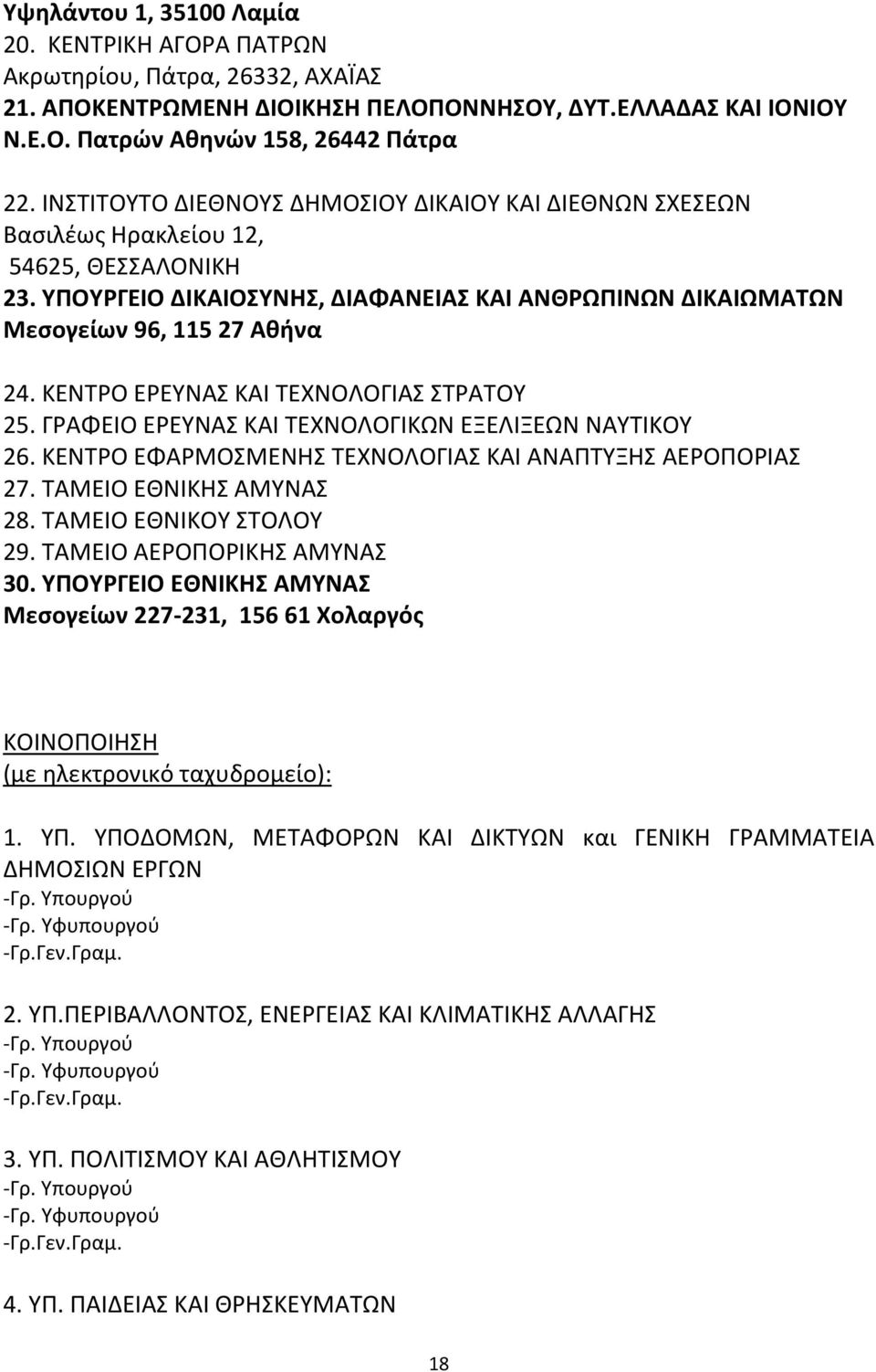 ΚΕΝΤΡΟ ΕΡΕΥΝΑΣ ΚΑΙ ΤΕΧΝΟΛΟΓΙΑΣ ΣΤΡΑΤΟΥ 25. ΓΡΑΦΕΙΟ ΕΡΕΥΝΑΣ ΚΑΙ ΤΕΧΝΟΛΟΓΙΚΩΝ ΕΞΕΛΙΞΕΩΝ ΝΑΥΤΙΚΟΥ 26. ΚΕΝΤΡΟ ΕΦΑΡΜΟΣΜΕΝΗΣ ΤΕΧΝΟΛΟΓΙΑΣ ΚΑΙ ΑΝΑΠΤΥΞΗΣ ΑΕΡΟΠΟΡΙΑΣ 27. ΤΑΜΕΙΟ ΕΘΝΙΚΗΣ ΑΜΥΝΑΣ 28.