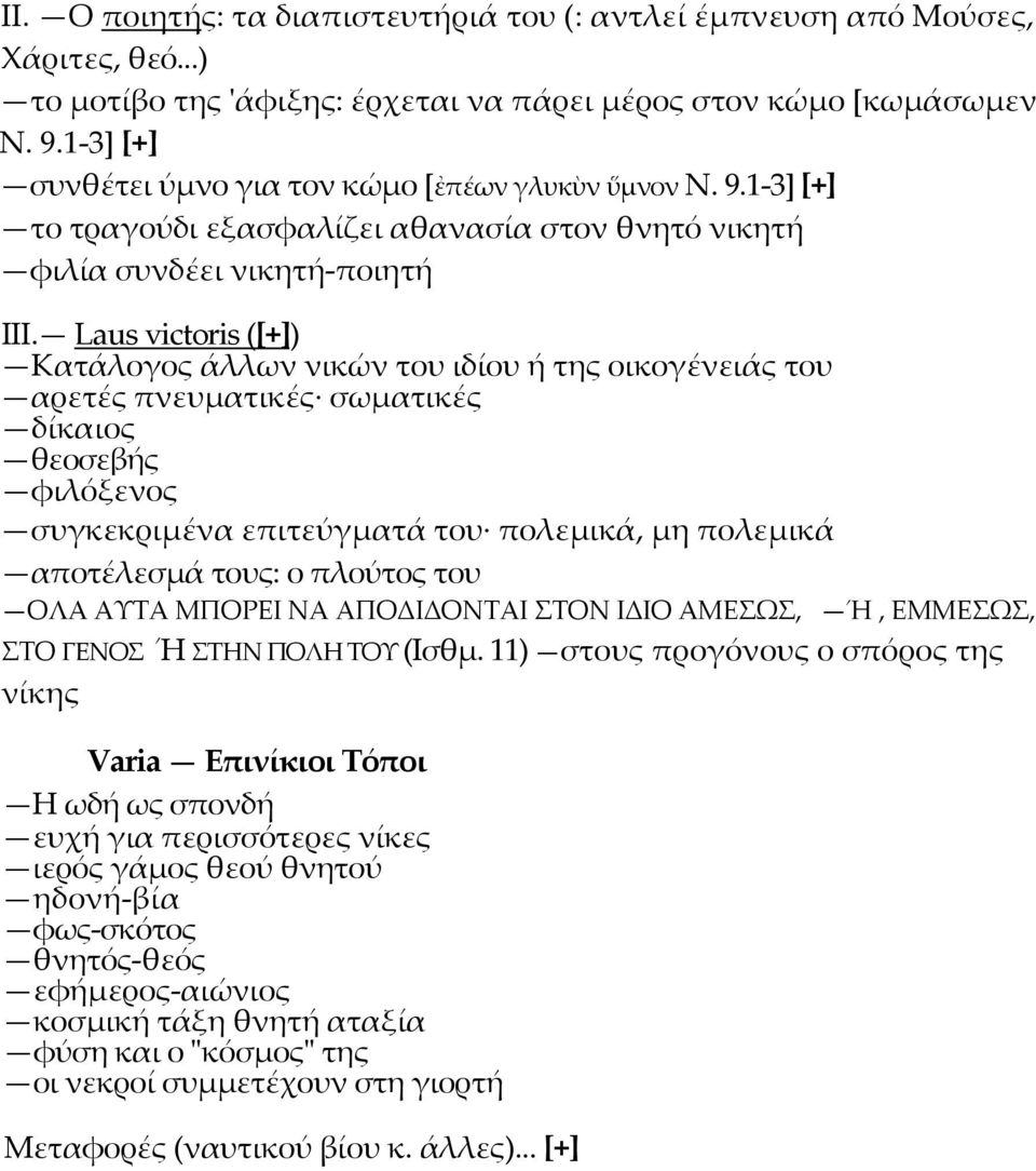 Laus victoris ([+]) Κατάλογος άλλων νικών του ιδίου ή της οικογένειάς του αρετές πνευµατικές σωµατικές δίκαιος θεοσεβής φιλόξενος συγκεκριµένα επιτεύγµατά του πολεµικά, µη πολεµικά αποτέλεσµά τους: ο