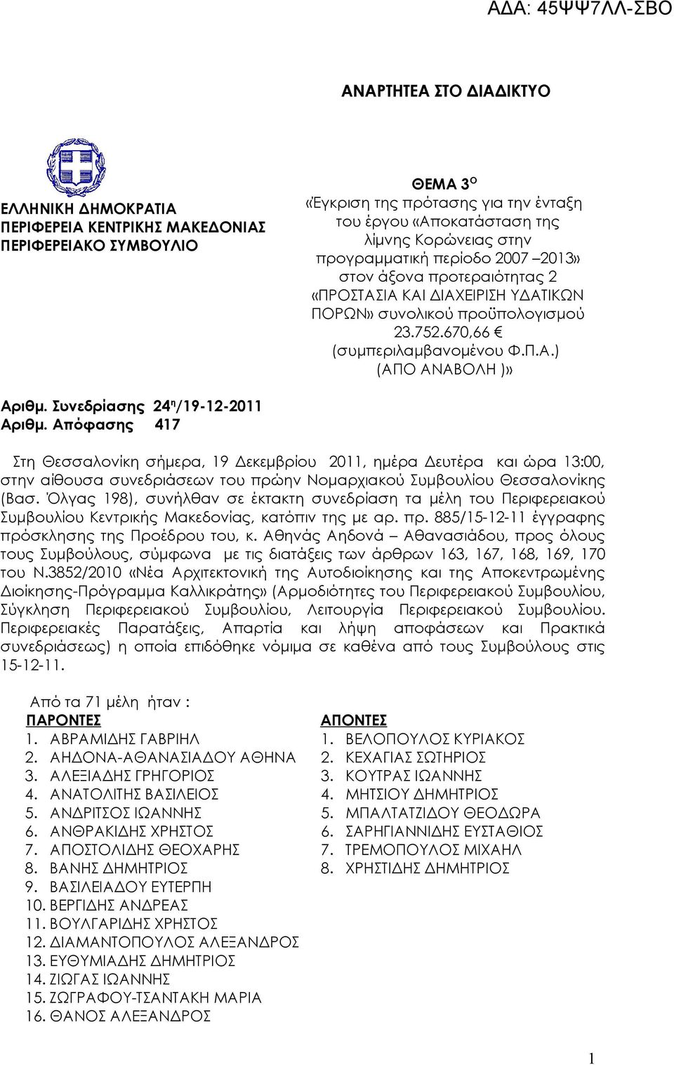 Συνεδρίασης 24 η /19-12-2011 Αριθμ. Απόφασης 417 Στη Θεσσαλονίκη σήμερα, 19 Δεκεμβρίου 2011, ημέρα Δευτέρα και ώρα 13:00, στην αίθουσα συνεδριάσεων του πρώην Νομαρχιακού Συμβουλίου Θεσσαλονίκης (Βασ.