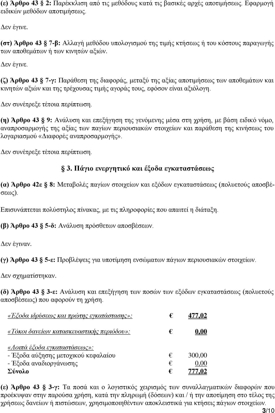 (ζ) Άρθρο 43 7-γ: Παράθεση της διαφοράς, μεταξύ της αξίας αποτιμήσεως των αποθεμάτων και κινητών αξιών και της τρέχουσας τιμής αγοράς τους, εφόσον είναι αξιόλογη. Δεν συνέτρεξε τέτοια περίπτωση.