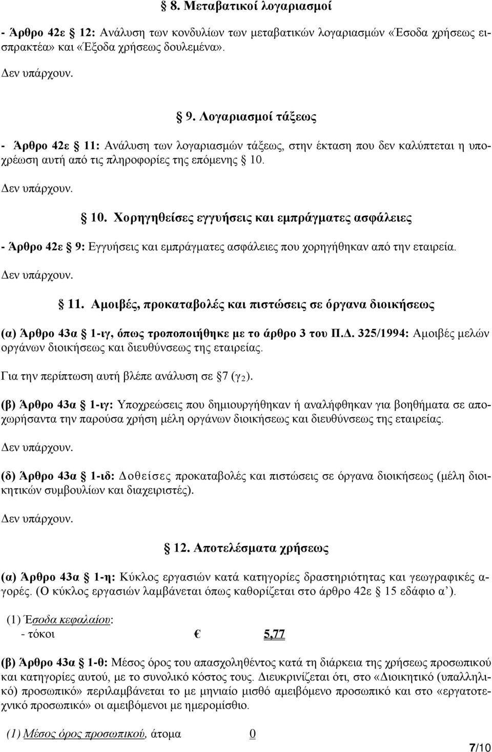 . 10. Χορηγηθείσες εγγυήσεις και εμπράγματες ασφάλειες - Άρθρο 42ε 9: Εγγυήσεις και εμπράγματες ασφάλειες που χορηγήθηκαν από την εταιρεία.. 11.