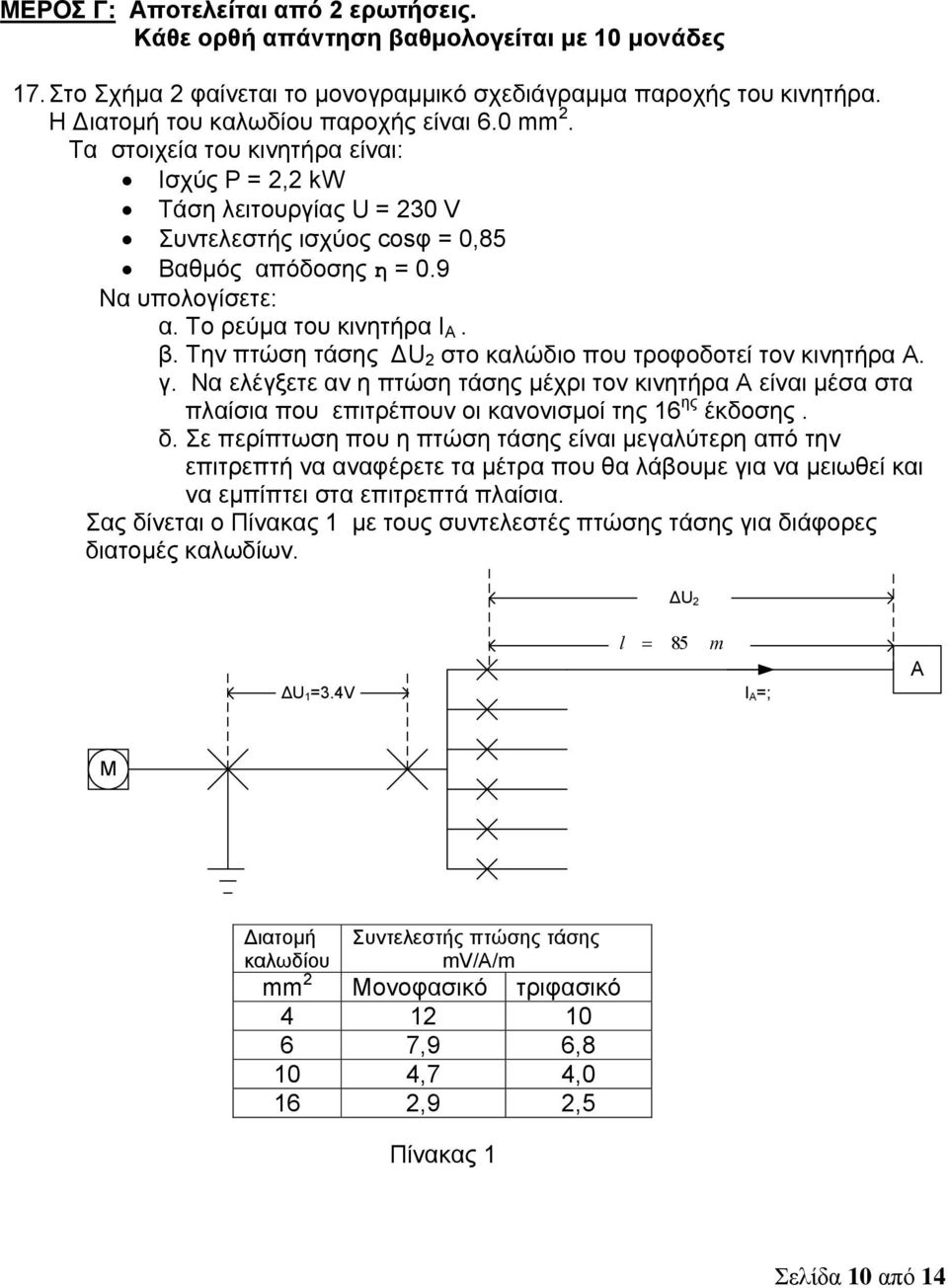 Την πτώση τάσης ΔU στο καλώδιο που τροφοδοτεί τον κινητήρα Α. γ. Να ελέγξετε αν η πτώση τάσης μέχρι τον κινητήρα Α είναι μέσα στα πλαίσια που επιτρέπουν οι κανονισμοί της 6 ης έκδοσης. δ.