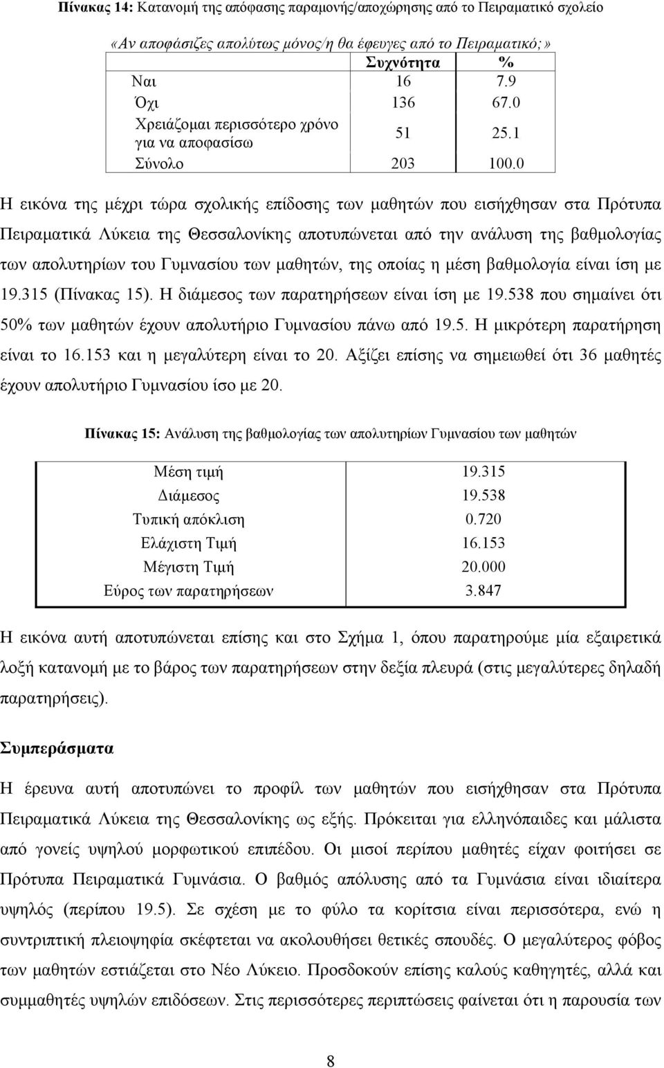 1 Η εικόνα της µέχρι τώρα σχολικής επίδοσης των µαθητών που εισήχθησαν στα Πρότυπα Πειραµατικά Λύκεια της Θεσσαλονίκης αποτυπώνεται από την ανάλυση της βαθµολογίας των απολυτηρίων του Γυµνασίου των