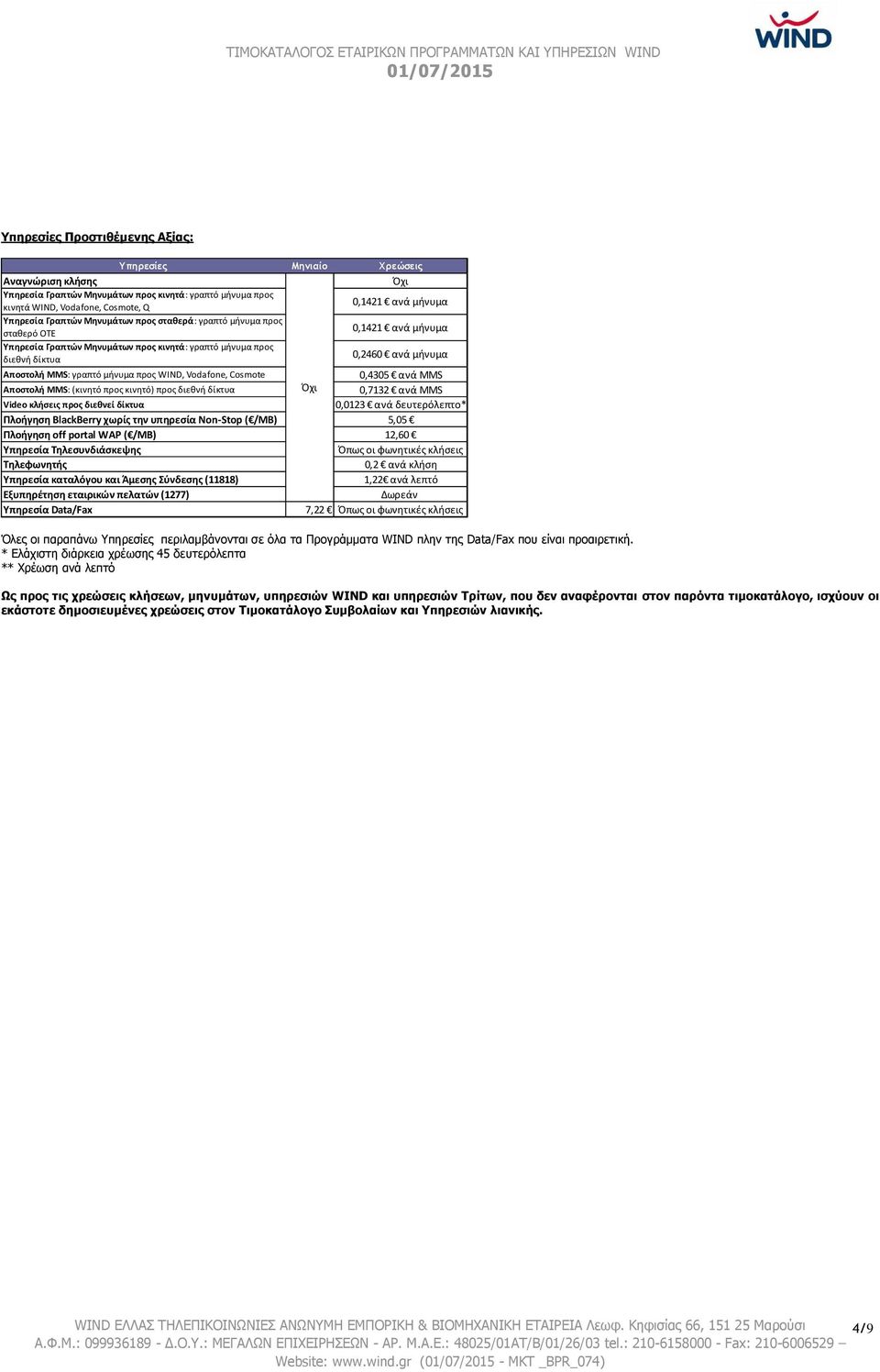 προς WIND, Vodafone, Cosmote 0,4305 ανά MMS Αποστολή MMS: (κινητό προς κινητό) προς διεθνή δίκτυα Όχι 0,7132 ανά MMS Video κλήσεις προς διεθνεί δίκτυα 0,0123 ανά δευτερόλεπτο* Πλοήγηση ΒlackBerry