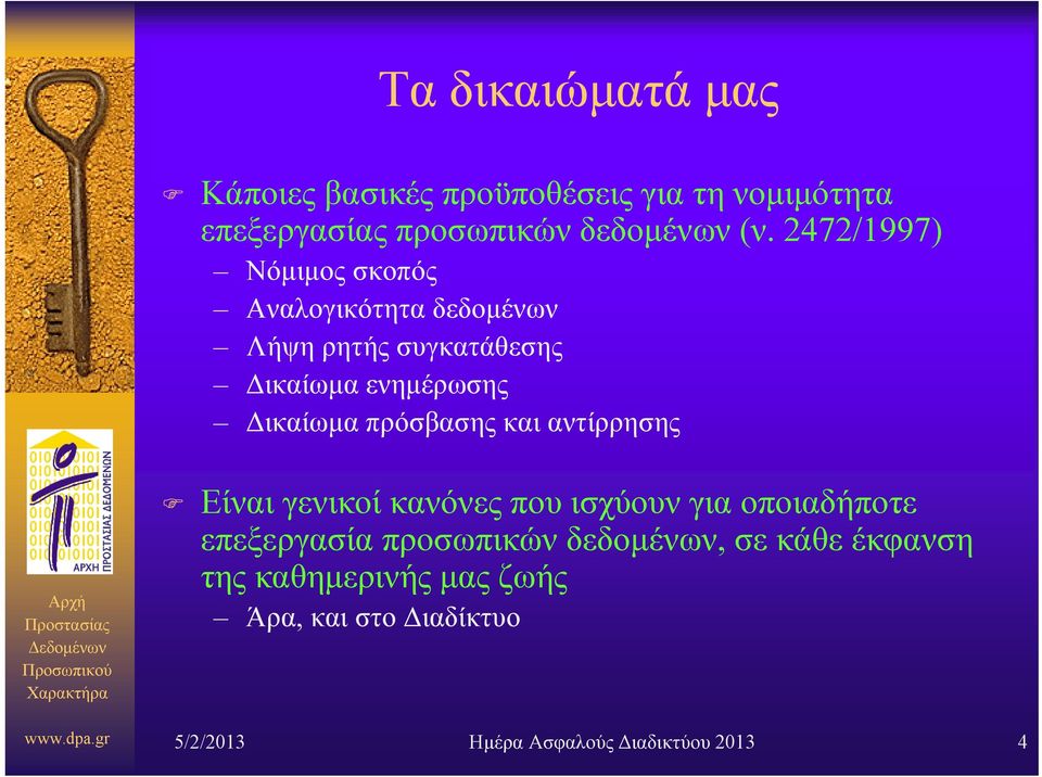 2472/1997) Νόμιμος σκοπός Αναλογικότητα δεδομένων Λήψη ρητής συγκατάθεσης Δικαίωμα ενημέρωσης