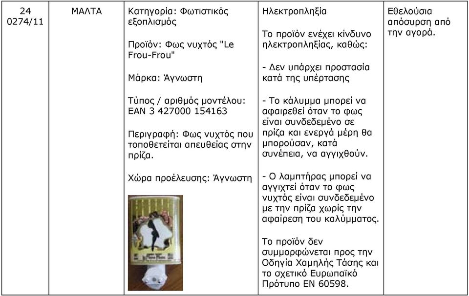 - Το κάλυμμα μπορεί να αφαιρεθεί όταν το φως είναι συνδεδεμένο σε πρίζα και ενεργά μέρη θα μπορούσαν, κατά συνέπεια, να αγγιχθούν.