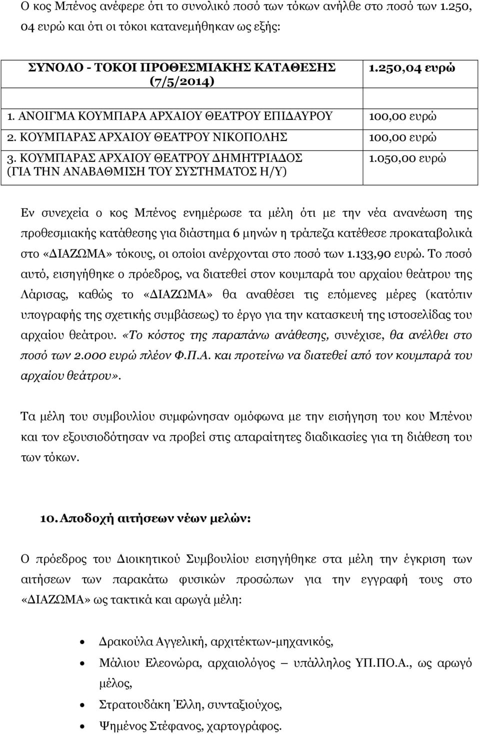 050,00 ευρώ Εν συνεχεία ο κος Μπένος ενημέρωσε τα μέλη ότι με την νέα ανανέωση της προθεσμιακής κατάθεσης για διάστημα 6 μηνών η τράπεζα κατέθεσε προκαταβολικά στο «ΔΙΑΖΩΜΑ» τόκους, οι οποίοι