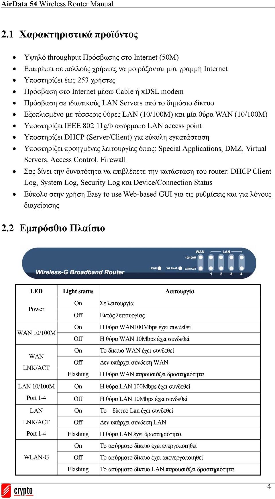 11g/b ασύρματο LAN access point Υποστηρίζει DHCP (Server/Client) για εύκολη εγκατάσταση Υποστηρίζει προηγμένες λειτουργίες όπως: Special Applications, DMZ, Virtual Servers, Access Control, Firewall.