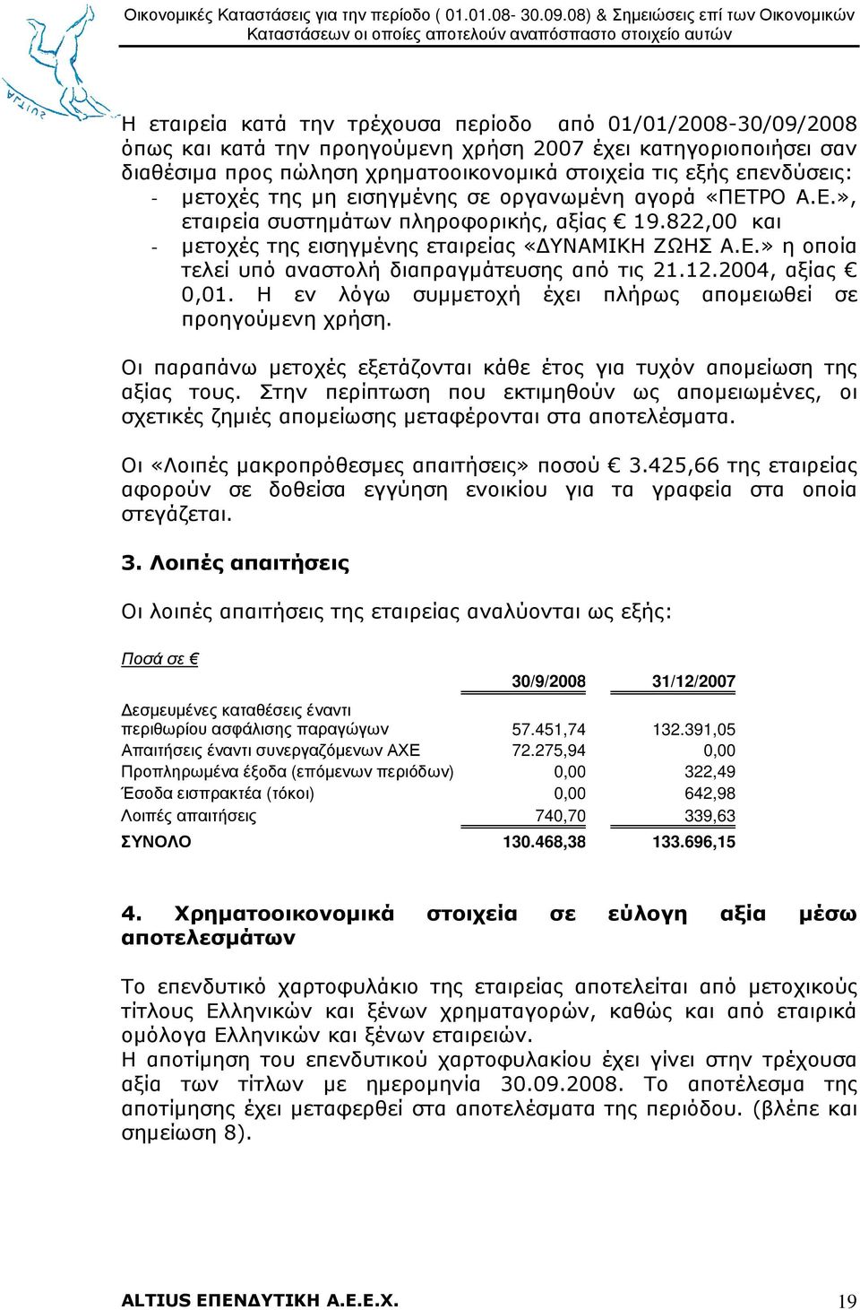 12.2004, αξίας 0,01. Η εν λόγω συµµετοχή έχει πλήρως αποµειωθεί σε προηγούµενη χρήση. Οι παραπάνω µετοχές εξετάζονται κάθε έτος για τυχόν αποµείωση της αξίας τους.