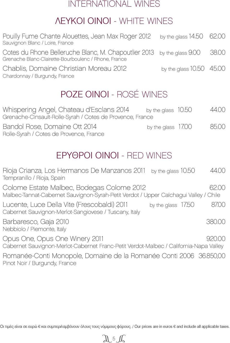 00 Chardonnay / Burgundy, France ΡΟΖΕ ΟΙΝΟΙ - ROSÉ WINES Whispering Angel, Chateau d Esclans 2014 by the glass 10.50 44.