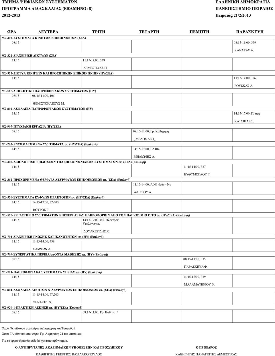 ΨΣ-802-ΑΣΦΑΛΕΙΑ ΠΛΗΡΟΦΟΡΙΑΚΩΝ ΣΥΣΤΗΜΑΤΩΝ (ΗΥ) 14:15 14:15-17:00, Π. αμφ ΨΣ-907-ΠΤΥΧΙΑΚΗ ΕΡΓΑΣΙΑ (ΗΥ/ΣΕΔ) 08:15 08:15-11:00, Γρ. Καθηγητή ΚΑΤΣΙΚΑΣ Σ. _ΜΕΛΟΣ ΔΕΠ_ ΨΣ-203-ΕΝΣΩΜΑΤΩΜΕΝΑ ΣΥΣΤΗΜΑΤΑ επ.