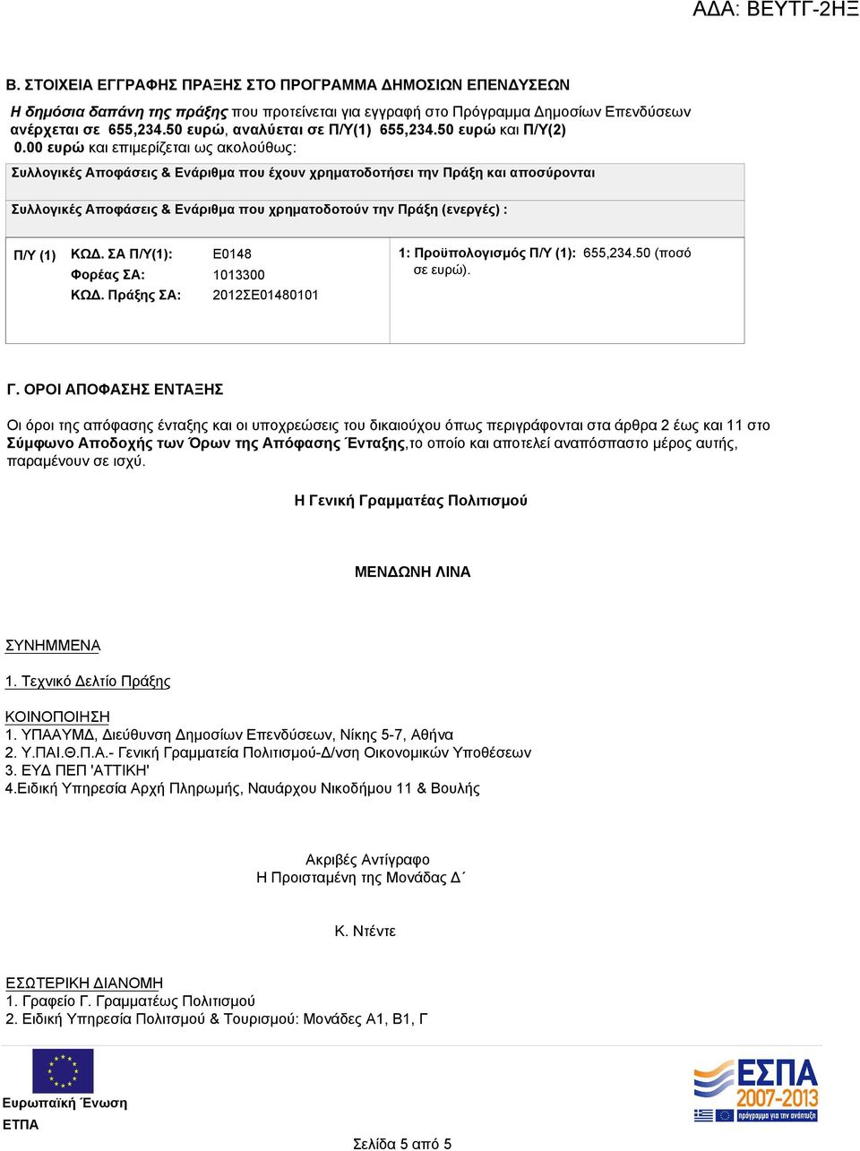 00 ευρώ και επιμερίζεται ως ακολούθως: Συλλογικές Αποφάσεις & Ενάριθμα που έχουν χρηματοδοτήσει την Πράξη και αποσύρονται Συλλογικές Αποφάσεις & Ενάριθμα που χρηματοδοτούν την Πράξη (ενεργές) : Π/Υ